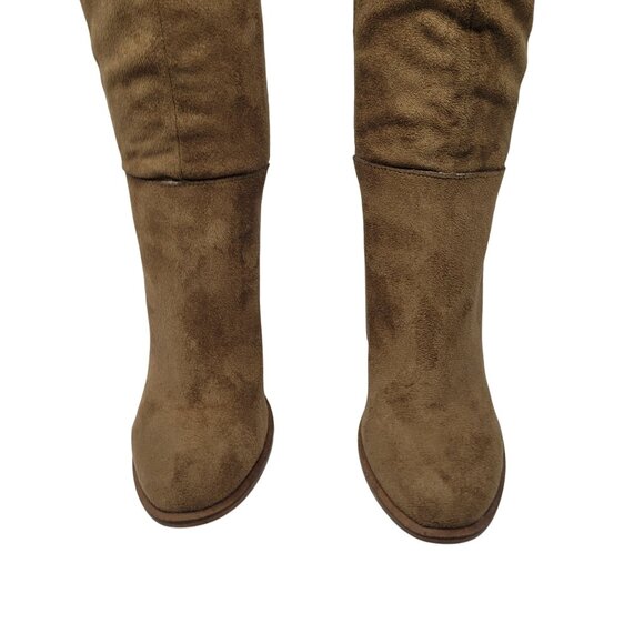 Oasis Society Vegan Faux Suede Knee-High Boots Sz 6.5 Tan Tall Heeled Riding - Picture 4 of 12